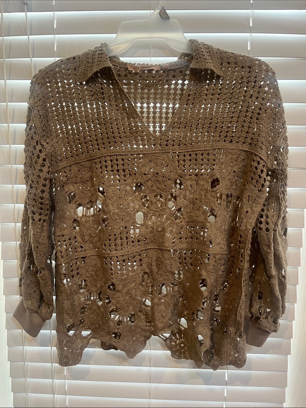 Soft Surroundings Brown Crochet Knit Collared Pullover